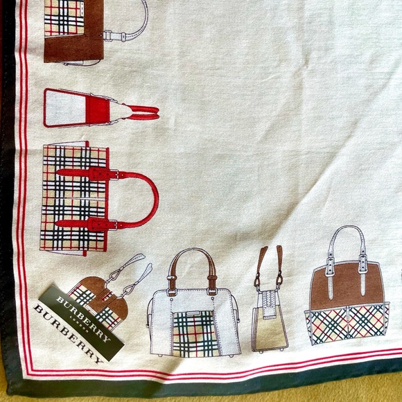 Burberry Scarf w/pattern of Burberry Bags, white/red/black, EUC - Picture 1 of 11
